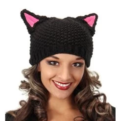 Knit Pussy Cat Beanie In Black With Pink Ears